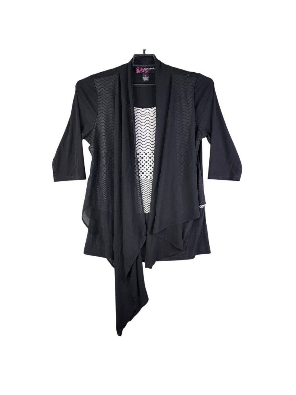 Womens Peck & Peck Black Chiffon Cardigan Vest Built In Shirt 3/4 Sleeve Size L